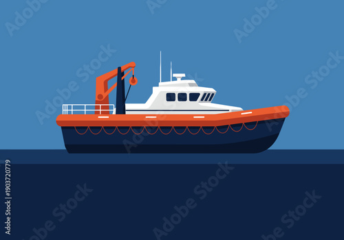 A modern illustration of a life boat with orange accents, showcasing safety ship gear. Clean lines and a flat design create a professional and visually appealing image.