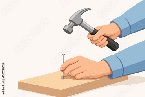 Carpenter's hand hammering nail into wood plank, building, constructing and repairing
