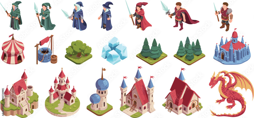 Obraz premium fantasy medieval game assets set isometric flat vector illustration characters castles trees dragon magic collection design pack bundle,