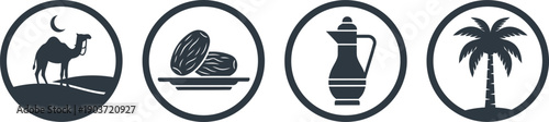 A set of four minimalist icons representing Middle Eastern culture and cuisine