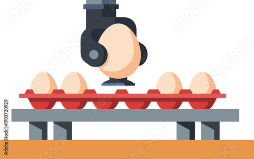 A robotic arm uses vacuum lifters to sort eggs on a conveyor belt. Clean, modern industrial setting. Bright colors and sharp focus.