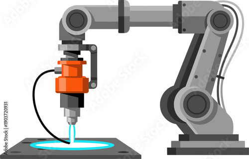 A robotic arm performs metal 3D printing, showcasing a vibrant orange nozzle. Modern industrial design, clean composition, ideal for tech and manufacturing visuals.
