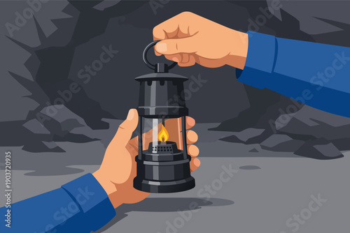Hands holding lit lamp exploring dark cave, illuminating journey and discovery