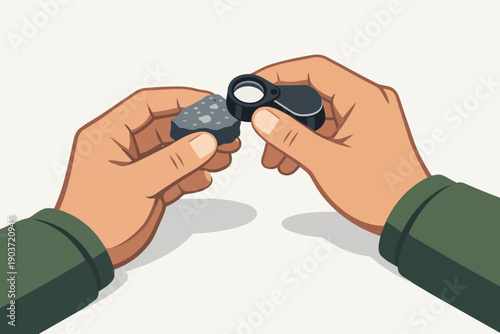 Hands examining rock with a jeweler's loupe, analyzing geology and minerals