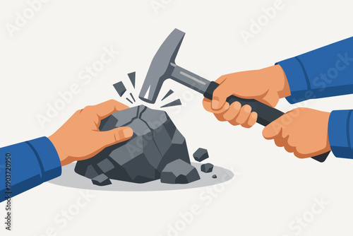Hands breaking rock using a geologist hammer, mining or extraction concept