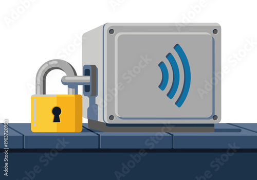 Secure power hub illustration with a locked safe and wireless signal. Modern, digital, and trustworthy design. Ideal for technology, security, and connectivity concepts.