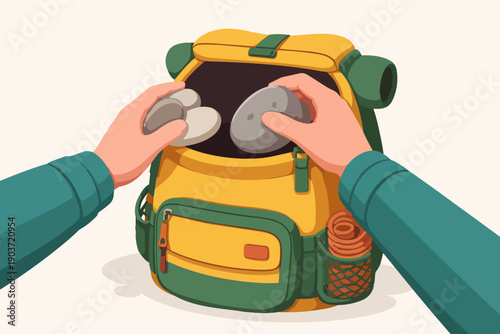 Hands putting heavy stones into a backpack, feeling the burden and weight
