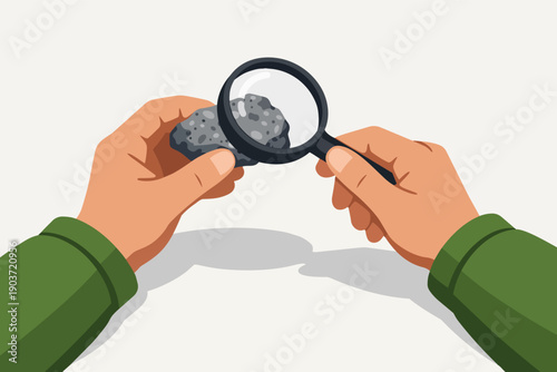 Hands observing rock with magnifying glass, studying geology and research data