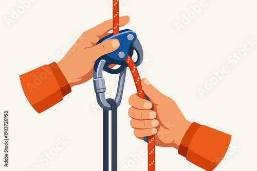 Hands operating a belay device with climbing rope and carabiner for safety