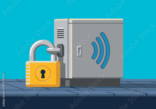 Secure maritime hub illustration with a padlock and wireless signal. Modern, stylized design. Ideal for technology, logistics, and security concepts.