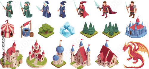 fantasy medieval game assets set isometric flat vector illustration characters castles trees dragon magic collection design pack bundle,