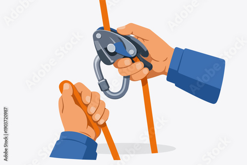 Hands holding climbing rope with a belay device and carabiner, ensuring safety