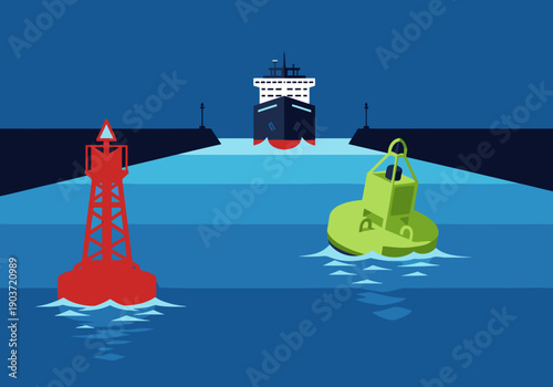 A striking illustration depicts a ship navigating a port entrance channel, guided by a lighthouse and buoys. Clean lines and vibrant colors create a professional, modern aesthetic.