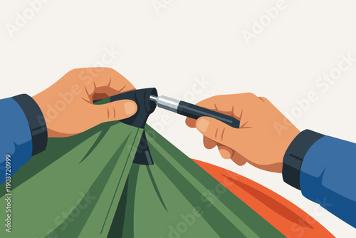 Hands assembling tent poles for camping, preparing for an outdoor journey and adventure