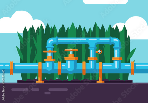 A stylized illustration depicts an irrigation system with controls, showcasing healthy green foliage. Clean lines and vibrant colors create a modern, informative design.