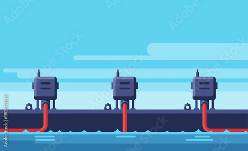 Stylized illustration of power infrastructure with robotic structures overlooking a blue seascape. Modern, graphic design, clean composition, vibrant colors.