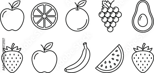 WebSet of organic fruit icons vector illustration isolated on white background for healthy lifestyle grocery store nutrition education vegan diet and fresh food design.