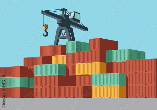 A vibrant container stack rises against a blue sky, showcasing port storage and logistics. A crane hoists a container, highlighting efficient cargo handling. Modern, graphic style.