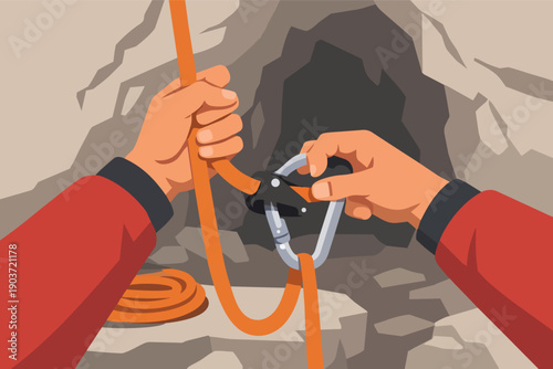 Climber's hands securing rope with a carabiner and belay device for safe descent