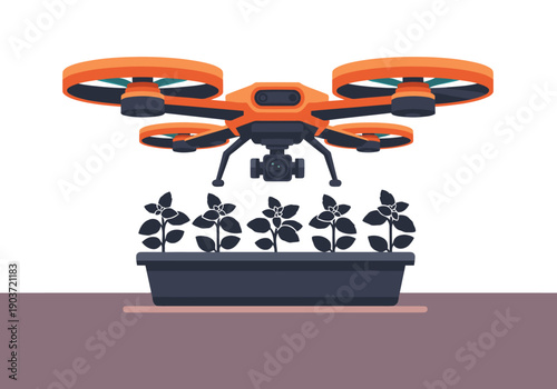 A vibrant drone inspects healthy plants in a smart agriculture setting. Modern design, bright colors, and clear composition for commercial use.