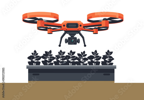 A vibrant drone inspects a field of plants, showcasing smart agriculture technology. Modern, clean design with a focus on precision and efficiency.