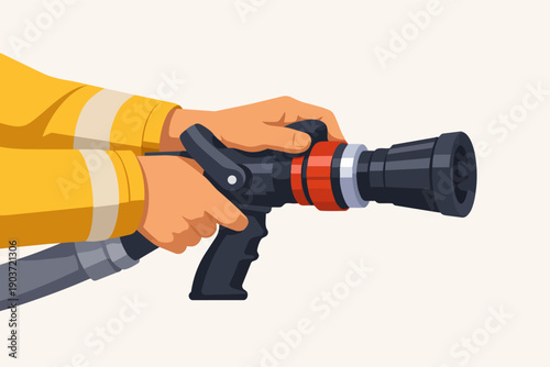 Firefighter hands holding a hose nozzle for fire extinguishing and emergency response