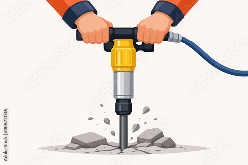 Worker hands operating jackhammer breaking concrete with pneumatic drill tool
