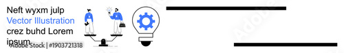 Business teamwork, innovation, equality, idea generation, leadership, balance. Two individuals balancing on scales and a gear icon in a light bulb. Teamwork and innovation concept