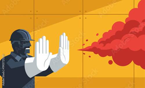 A worker blocks toxic fumes with a stop sign, conveying danger and protection. Bold graphic style, vibrant colors, impactful visual.