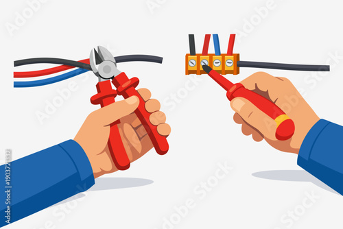 Hands working on electrical wiring, cutting cable and connecting wires to terminal block