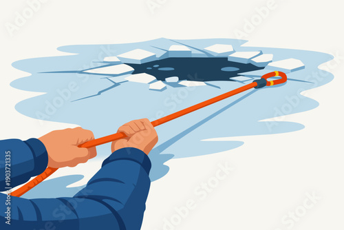 Rescuing drowning person from ice hole using safety equipment
