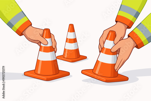People hands wearing high-visibility uniform establishing an orange traffic cone warning
