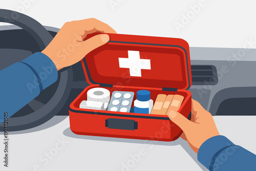 Hands opening red first aid kit inside a car, preparing for roadside emergency safety
