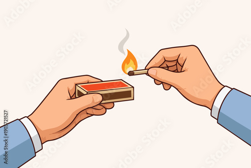 Hands holding matchbox and lighting match stick, illustrating start, energy, spark