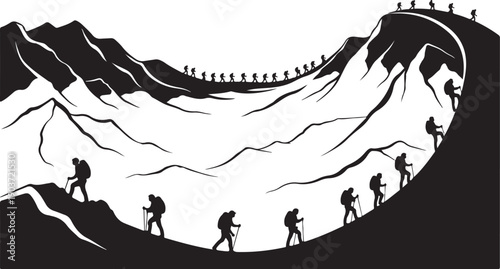 Hikers climbing mountain with backpacks in black and white