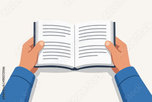 Hands holding an open book, reading educational literature for knowledge and study