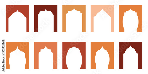 Golden islamic arches and window frames . Arabic golden frames. Luxury islamic geometric windows and doors, oriental mosque architecture