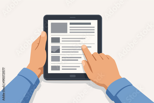 Hands holding a tablet and scrolling through digital news feed