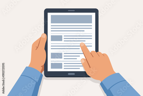 Hands holding a tablet and scrolling through online news or an ebook