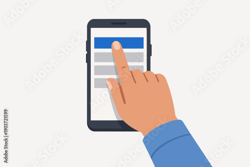 Hand touching mobile phone screen, selecting app from digital menu