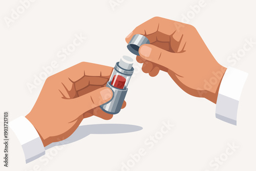 Hands opening a medical test tube containing a red capsule for laboratory research