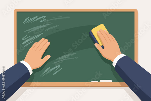 Teacher's hands erasing chalkboard, clearing slate for new ideas and education