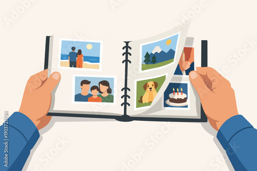 Person looking at album with family pictures, pets, travel, and celebration moments