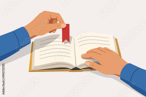 Hands placing a red bookmark in an open book, symbolizing reading and knowledge