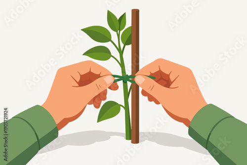 Hands tying seedling to a support stake, showing plant care and growth assistance