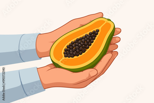 Hands holding an open papaya, showcasing its vibrant orange flesh and black seeds