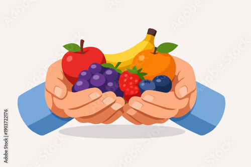 Hands holding a variety of fresh organic fruit, promoting healthy eating and nutrition
