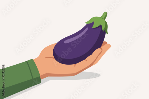 Hand holding fresh purple eggplant in palm, representing healthy organic vegetable produce