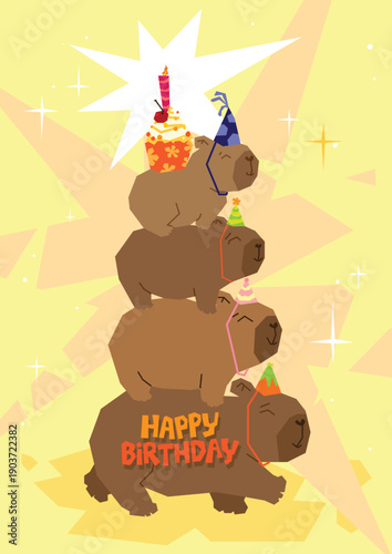 Cute Capybara Happy Birthday Vector Illustration