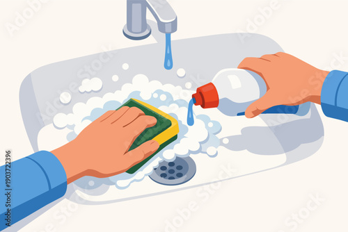 Hands cleaning kitchen sink with sponge and detergent bubbles, maintaining hygiene